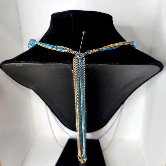 **SALE** 3/20.00 LONG MULTI-LAYER FASHION NECKLACE BLUE GOLD CREAM FLOWERS 31" - Picture 2 of 3